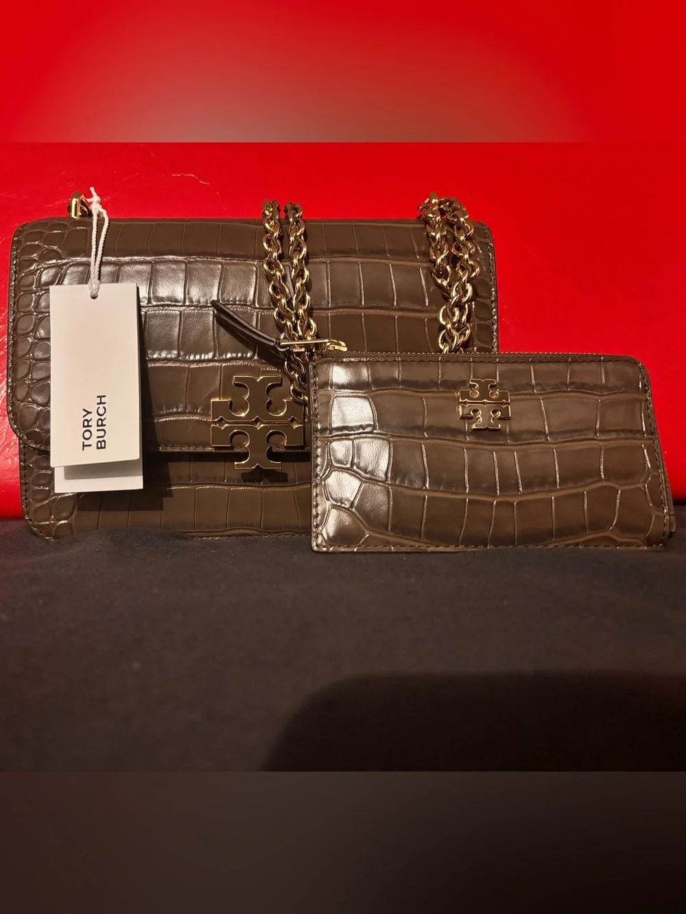Tory Burch neutral brown Croc-Embossed Chain Shoulder Bag